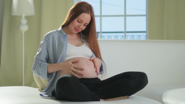 Gravidez Maternidade Pessoas Expectativa Futuro Mulher Grávida Tocando Barriga Grande — Vídeo de Stock