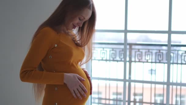 怀孕的母亲们期待着未来 有大肚子的孕妇站在家里靠窗的地方 女孩抱着她的肚子享受怀孕 母爱为人父母新生命的概念 — 图库视频影像