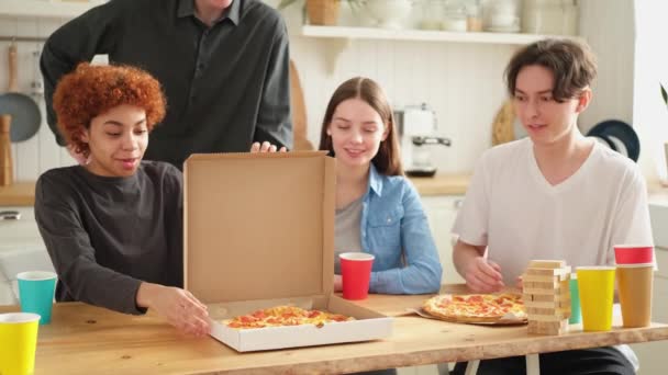 Home Party Overjoyed Diverse Friends Eating Ordered Pizza Home Party — Stock Video