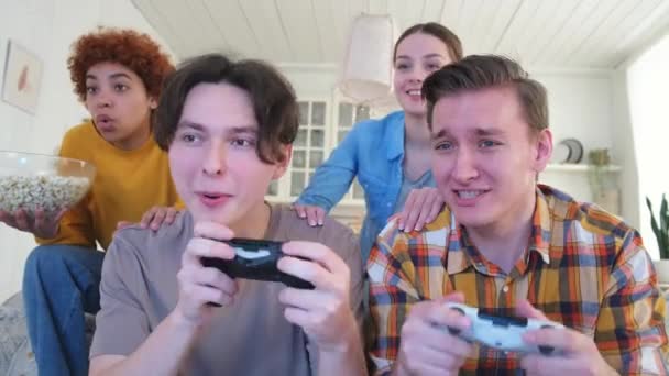 Home Party Cheerful Group Friends Playing Video Games Home Happy — Stock Video
