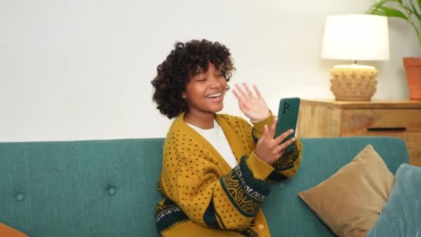 African American Girl Holding Smartphone Having Video Chat Female Blogger — Stockvideo