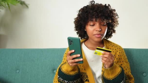 Nternetten Alışveriş Yapan Afrikalı Amerikalı Bir Kadın Elinde Akıllı Telefonuyla — Stok video