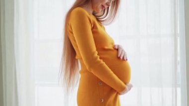 Hamilelik anneliği insanların gelecek beklentisi. Evinin penceresinin yanında koca göbekli hamile bir kadın var. Karnına sarılan ve hamileliğin tadını çıkaran bir kız. Annelik şefkati ebeveynlik yeni yaşam konsepti