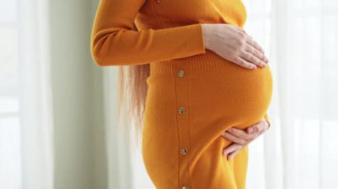 Hamilelik anneliği insanların gelecek beklentisi. Hamile kadın elleri pencerenin yanındaki koca göbeğe dokunuyor. Karnına sarılan ve hamileliğin tadını çıkaran bir kız. Annelik şefkati ebeveynlik yeni yaşam konsepti