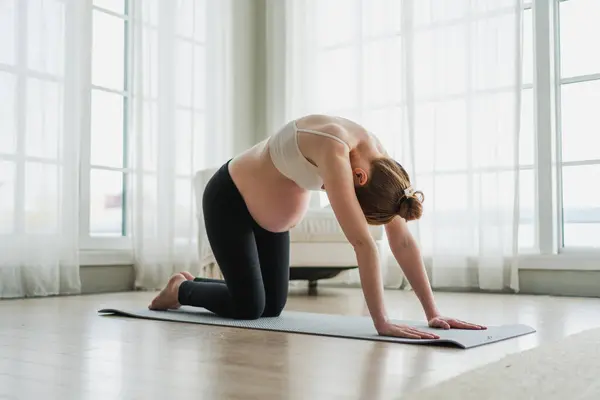 Entrenamiento Ejercicios Yoga Durante Embarazo Mujer Embarazada Practicando Yoga Casa Fotos de stock libres de derechos