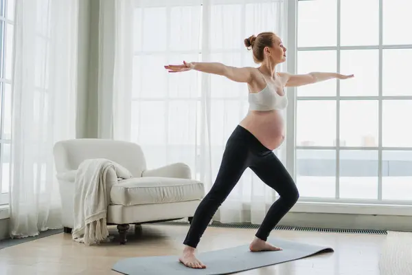 Pregnancy Yoga Fitness Workout Training Pregnant Woman Practicing Yoga Home Stock Image