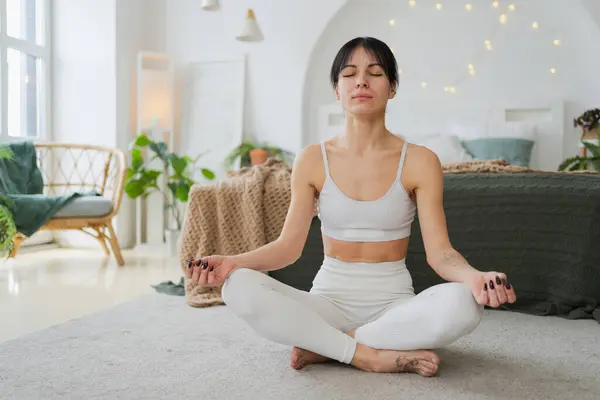 Yoga Mindfulness Meditation Young Healthy Woman Practicing Yoga Living Room Fotografia De Stock
