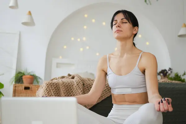 Yoga Mindfulness Meditation Online Woman Practicing Yoga Online Lessons Laptop Stock Image