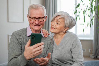 Görüntülü arama. Akıllı telefonlu mutlu son sınıf kadın erkek video görüşmesi yapıyor. Olgun yaşlı büyükbaba internette konuşuyor. Eski nesil modern teknoloji kullanımı. Sanal toplantı çevrimiçi sohbet