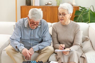 Orta yaşlı yaşlı çift dizüstü bilgisayarları ve kağıt belgeleriyle oturuyor. Yaşlı, olgun bir kadın kağıt faturası okuyor. Ev yöneticiliği yapıyor. Vergileri finanse ediyor.