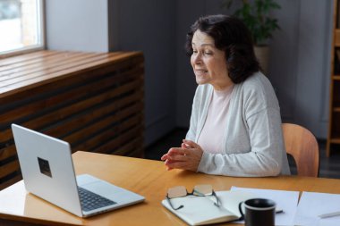 Orta yaşlı mutlu bir kadın dizüstü bilgisayarla oturup arkadaşlarıyla görüntülü konuşma yapıyor. Yaşlı ve olgun büyükanneme gülüp yetişkin çocuklarla internette konuşarak eğleniyorum.