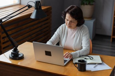 Evde dizüstü bilgisayar kullanan kendine güvenen Avrupalı orta yaşlı bir kadın. Yaşlı, şık 60 'lı yaşlarda bir kadın masada oturmuş bilgisayar ekranına bakıyor daktilo yazarak sohbet ediyor e-posta yazıyor.