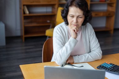 Evde dizüstü bilgisayar kullanan kendine güvenen Avrupalı orta yaşlı bir kadın. Yaşlı, şık 60 'lı yaşlarda bir kadın masada oturmuş bilgisayar ekranına bakıyor daktilo yazarak sohbet ediyor e-posta yazıyor.