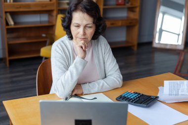 Evde dizüstü bilgisayar kullanan kendine güvenen Avrupalı orta yaşlı bir kadın. Yaşlı, şık 60 'lı yaşlarda bir kadın masada oturmuş bilgisayar ekranına bakıyor daktilo yazarak sohbet ediyor e-posta yazıyor.