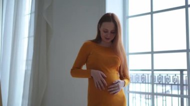 Hamilelik anneliği insanların gelecek beklentisi. Evinin penceresinin yanında koca göbekli hamile bir kadın var. Karnına sarılan ve hamileliğin tadını çıkaran bir kız. Annelik şefkati ebeveynlik yeni yaşam konsepti