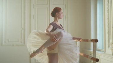 Tutu etekli genç balerin dans sınıfında bale pozisyonlarında dans ediyor. Dans stüdyosundaki genç klasik dansçı kadın. Bale sınıfı eğitim konsepti