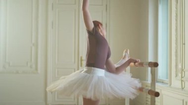 Tutu etekli genç balerin dans sınıfında bale pozisyonlarında dans ediyor. Dans stüdyosundaki genç klasik dansçı kadın. Bale sınıfı eğitim konsepti