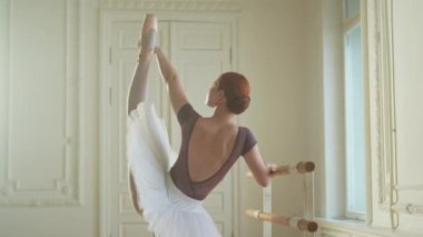 Tutu etekli genç balerin dans sınıfında bale pozisyonlarında dans ediyor. Dans stüdyosundaki genç klasik dansçı kadın. Bale sınıfı eğitim konsepti