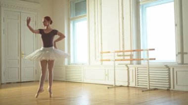 Bale dersinde etekli balerin dans ederek bale yapıyor. Dans stüdyosundaki genç klasik dansçı kadın. Bale sınıfı eğitimi. Bale okulu konsepti