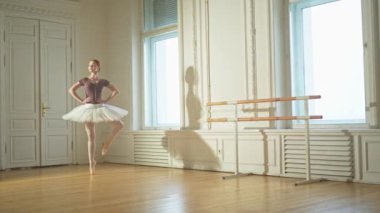 Bale dersinde etekli balerin dans ederek bale yapıyor. Dans stüdyosundaki genç klasik dansçı kadın. Bale sınıfı eğitimi. Bale okulu konsepti