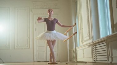 Bale dersinde etekli balerin dans ederek bale yapıyor. Dans stüdyosundaki genç klasik dansçı kadın. Bale sınıfı eğitimi. Bale okulu konsepti