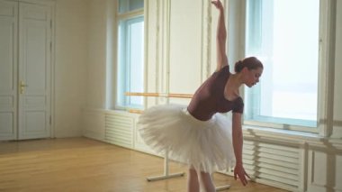 Bale dersinde etekli balerin dans ederek bale yapıyor. Dans stüdyosundaki genç klasik dansçı kadın. Bale sınıfı eğitimi. Bale okulu konsepti