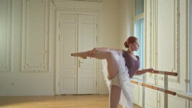 Tutu etekli genç balerin dans sınıfında bale pozisyonlarında dans ediyor. Dans stüdyosundaki genç klasik dansçı kadın. Bale sınıfı eğitim konsepti