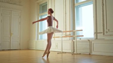 Bale dersinde etekli balerin dans ederek bale yapıyor. Dans stüdyosundaki genç klasik dansçı kadın. Bale sınıfı eğitimi. Bale okulu konsepti