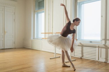 Bale dersinde etekli balerin dans ederek bale yapıyor. Dans stüdyosundaki genç klasik dansçı kadın. Bale sınıfı eğitimi. Bale okulu konsepti