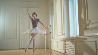 Tutu etekli genç balerin dans sınıfında bale pozisyonlarında dans ediyor. Dans stüdyosundaki genç klasik dansçı kadın. Bale sınıfı eğitim konsepti