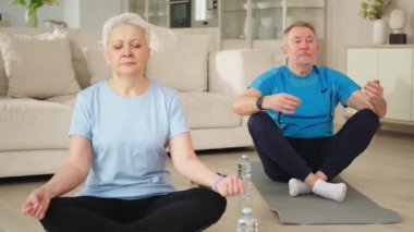 Yoga farkındalığı meditasyonu. Yetişkin bir çift evde yoga yapıyor. Orta yaşlı koca karısı nilüferde oturmuş yoga minderinde meditasyon yaparken poz veriyor. Aile nefes egzersizi yapıyor.