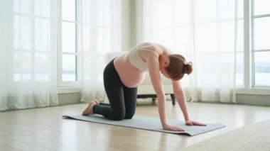 Hamilelik yoga antrenmanı. Hamile kadın evde yoga yapıyor. Hamile kız içeride yoga minderiyle spor yapıyor. Koca göbekli bir kadın Asya antrenmanı yapıyor.