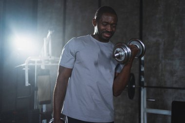 Beden eğitiminde spor. Spor salonunda dambılları toplayan Afrikalı Amerikalı bir vücut geliştirici. Fitness kulübünde halterli kasları çalıştırmak için ağırlık çalışıyorum. Spor yapan bir adam. Sağlıklı yaşam tarzı