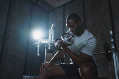 Beden eğitiminde spor. Spor salonunda dambılları toplayan Afrikalı Amerikalı bir vücut geliştirici. Fitness kulübünde halterli kasları çalıştırmak için ağırlık çalışıyorum. Spor yapan bir adam. Sağlıklı yaşam tarzı
