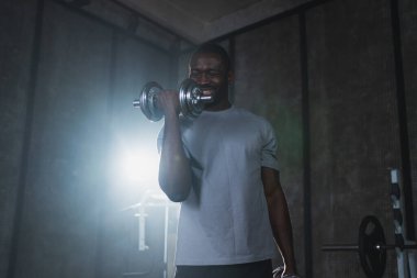 Beden eğitiminde spor. Spor salonunda dambılları toplayan Afrikalı Amerikalı bir vücut geliştirici. Fitness kulübünde halterli kasları çalıştırmak için ağırlık çalışıyorum. Spor yapan bir adam. Sağlıklı yaşam tarzı