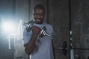 Beden eğitiminde spor. Spor salonunda dambılları toplayan Afrikalı Amerikalı bir vücut geliştirici. Fitness kulübünde halterli kasları çalıştırmak için ağırlık çalışıyorum. Spor yapan bir adam. Sağlıklı yaşam tarzı