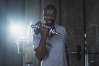 Beden eğitiminde spor. Spor salonunda dambılları toplayan Afrikalı Amerikalı bir vücut geliştirici. Fitness kulübünde halterli kasları çalıştırmak için ağırlık çalışıyorum. Spor yapan bir adam. Sağlıklı yaşam tarzı
