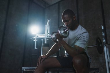 Beden eğitiminde spor. Spor salonunda dambılları toplayan Afrikalı Amerikalı bir vücut geliştirici. Fitness kulübünde halterli kasları çalıştırmak için ağırlık çalışıyorum. Spor yapan bir adam. Sağlıklı yaşam tarzı