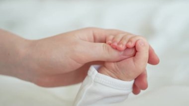 Mutlu bir aile. Yeni doğmuş küçük bir bebek, anne avucunun üzerinde küçük bir el. Yeni doğmuş bebek doğumdan sonra ebeveyn parmağı tutuyor. Anne bebek evde. Yeni hayatın korunmasını destekle. Dikkatli kullan.