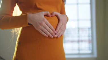 Hamile annelik beklentisi gelecek. Hamile kadın elleri koca göbeğe dokunuyor. Hamileliğin tadını çıkaran ellerle kalp şekli yapan bir kız. Hamile kadın kalp işareti gösteriyor. Annelik aşkı yeni bir hayat