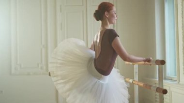 Tutu etekli genç balerin dans sınıfında bale pozisyonlarında dans ediyor. Dans stüdyosundaki genç klasik dansçı kadın. Bale sınıfı eğitim konsepti