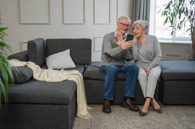 Görüntülü arama. Akıllı telefonlu mutlu son sınıf kadın erkek video görüşmesi yapıyor. Olgun yaşlı büyükbaba internette konuşuyor. Eski nesil modern teknoloji kullanımı. Sanal toplantı çevrimiçi sohbet