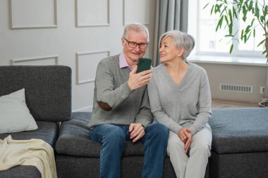 Görüntülü arama. Akıllı telefonlu mutlu son sınıf kadın erkek video görüşmesi yapıyor. Olgun yaşlı büyükbaba internette konuşuyor. Eski nesil modern teknoloji kullanımı. Sanal toplantı çevrimiçi sohbet