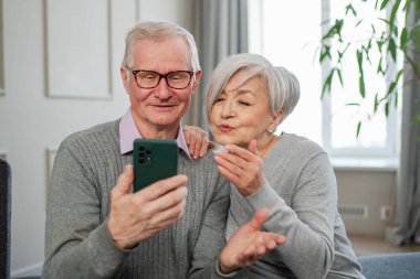 Görüntülü arama. Akıllı telefonlu mutlu son sınıf kadın erkek video görüşmesi yapıyor. Olgun yaşlı büyükbaba internette konuşuyor. Eski nesil modern teknoloji kullanımı. Sanal toplantı çevrimiçi sohbet