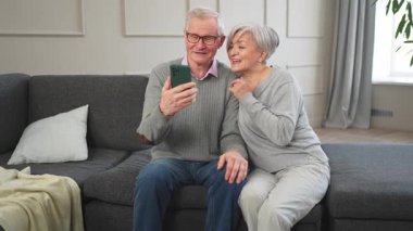 Görüntülü arama. Akıllı telefonlu mutlu son sınıf kadın erkek video görüşmesi yapıyor. Olgun yaşlı büyükbaba internette konuşuyor. Eski nesil modern teknoloji kullanımı. Sanal toplantı çevrimiçi sohbet
