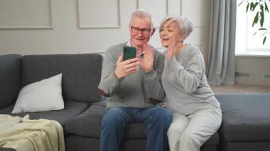 Görüntülü arama. Akıllı telefonlu mutlu son sınıf kadın erkek video görüşmesi yapıyor. Olgun yaşlı büyükbaba internette konuşuyor. Eski nesil modern teknoloji kullanımı. Sanal toplantı çevrimiçi sohbet