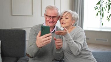 Görüntülü arama. Akıllı telefonlu mutlu son sınıf kadın erkek video görüşmesi yapıyor. Olgun yaşlı büyükbaba internette konuşuyor. Eski nesil modern teknoloji kullanımı. Sanal toplantı çevrimiçi sohbet