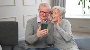 Görüntülü arama. Akıllı telefonlu mutlu son sınıf kadın erkek video görüşmesi yapıyor. Olgun yaşlı büyükbaba internette konuşuyor. Eski nesil modern teknoloji kullanımı. Sanal toplantı çevrimiçi sohbet
