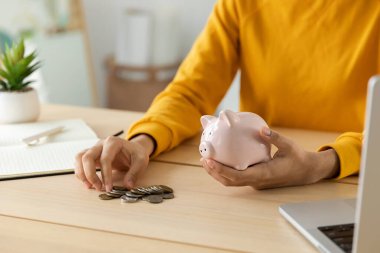 Gelecek için para yatırımı biriktiriyorum. Kadın elleri pembe kumbarayı tutuyor ve para koyuyor. Yatırım bütçesi tasarrufu iş zenginliği emeklilik finansal para bankacılık kavramı