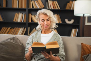 Huzur, evde kitap okuyan yaşlı ve yaşlı bir kadın. Olgun bir kadın dinleniyor. Evde tek başına sakin bir gün geçiriyor. Yetişkin kadın boş zamanlarını kitap okuyarak geçiriyor. Emeklilik konsepti